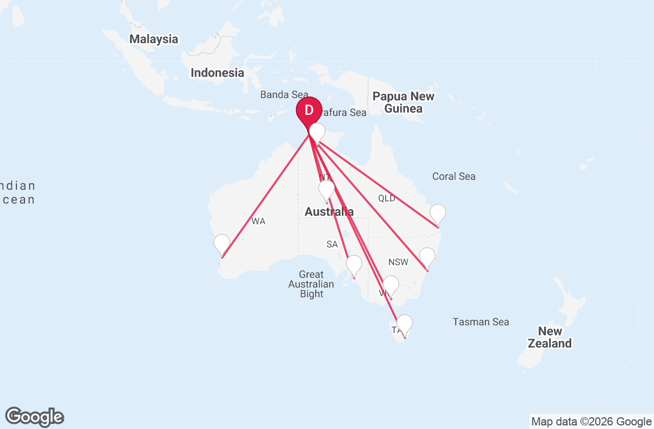 Map of UB Transport vehicle logistics routes from Darwin to Katherine, Alice Springs, Perth, Adelaide, Brisbane, Sydney, Melbourne and Hobart